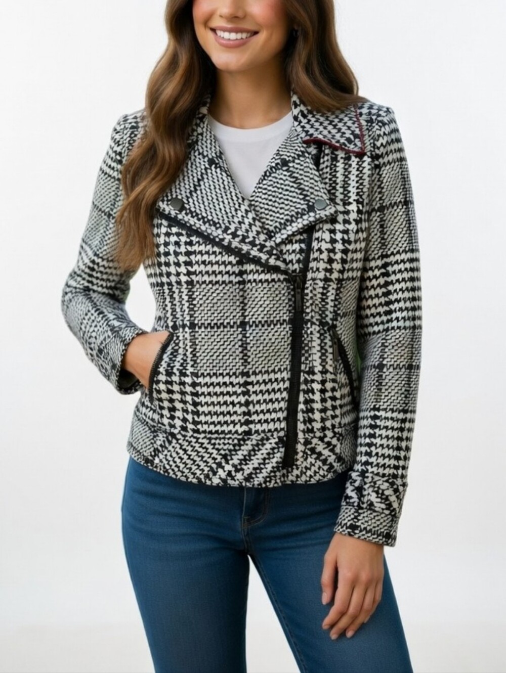 White House Black Market Womens Black & White Houndstooth Plaid Moto Jacket 8P